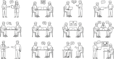 Obraz premium Comprehensive collection of business characters and office scenes for corporate recruitment job interview teamwork and professional communication line art vector.