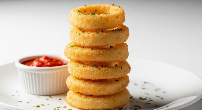 A close-up shot of golden fried calamari rings stacked high on a white plate, ready to be served, suggesting a delicious appetizer, tasty, rings, dish