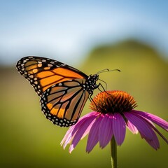 Obraz premium A gorgeous butterfly rests delicately upon a bright purple wildflower bloom, gathering sweet nectar during a warm sunny afternoon, beauty, conservation, pollinator