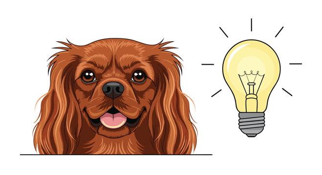 Close up portrait of a brown cavalier king charles spaniel dog smiling next to a glowing yellow light bulb symbol representing a creative idea.