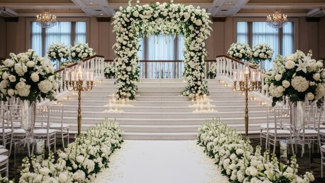 A beautifully decorated wedding aisle with white flowers and chairs