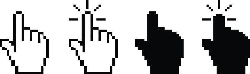 Fototapeta premium Four pixelated vector graphic hand cursors illustrating pointing and clicking actions for digital interfaces.