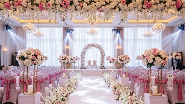A beautifully decorated wedding venue with flowers and white chairs