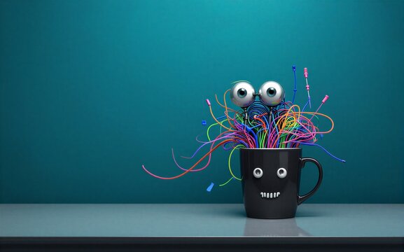 Cute robot with big eyes emerges from a mug filled with colorful
