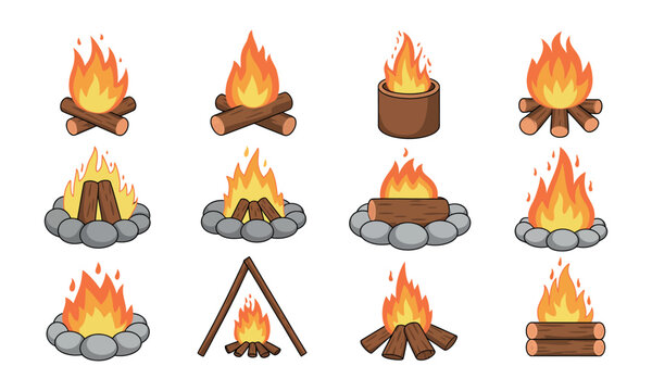 Campfire flames icons with burning wood logs and fire pits camping bonfire symbols outdoor adventure vector illustration