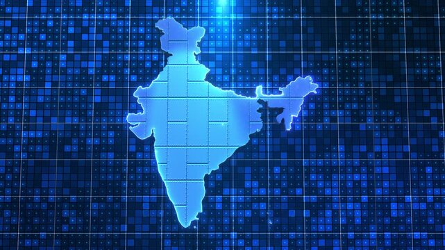 India map silhouette glowing on blue digital grid background Bright blue map of India futuristic matrix grid. for corporate visuals, economic reports, geographic technology themed presentations. 3D 4K