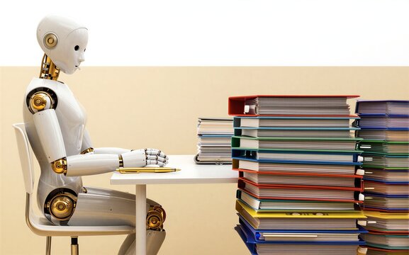 White robot sits at desk stacks of colorful binders beside it.