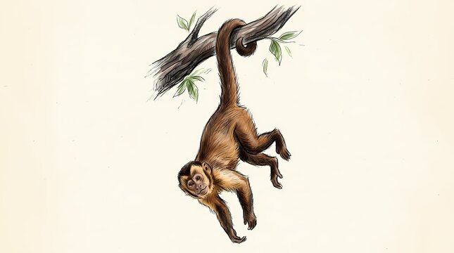 Vivid illustration of a playful brown monkey hanging from a sturdy tree branch, showcasing its agility and natural habitat, ideal for nature and wildlife themes