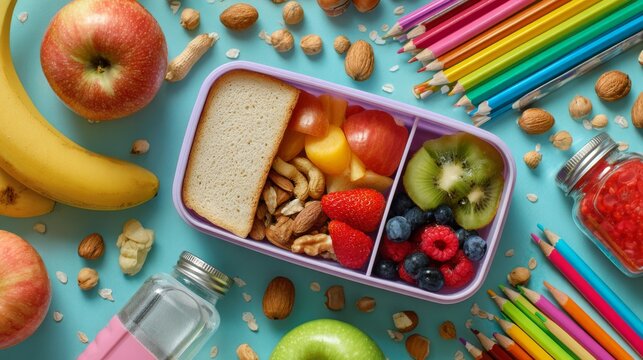 Healthy school lunchbox filled with fresh fruits and nuts surrounded by colorful stationery and classroom supplies on desk, balanced nutrition concept for students, back to school meal preparation sce