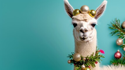 Fototapeta premium Cheerful Llama with Festive Christmas Decorations and Holiday Ornaments Against a Bright Turquoise Background