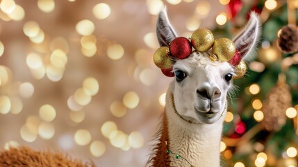 Fototapeta premium Festive Alpaca with Ornament Crown Against a Blurred Holiday Background of Lights and Decorations