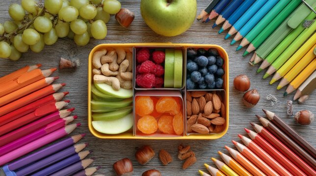 Healthy school lunchbox filled with fresh fruits and nuts surrounded by colorful stationery and classroom supplies on desk, balanced nutrition concept for students, back to school meal preparation sce