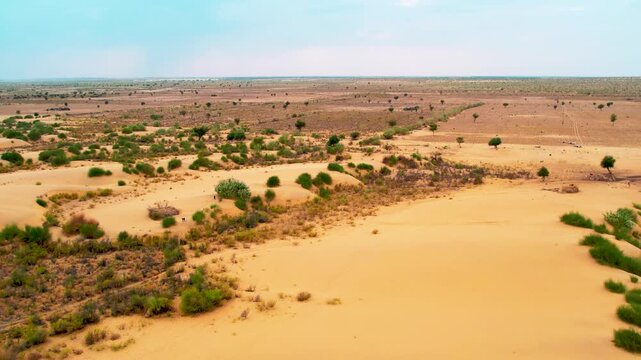 Tracking drone shot of golden sand dunes in Jaisalmer, Rajasthan. Captures the vast desert terrain and natural patterns of the Thar Desert from a smooth aerial perspective.
