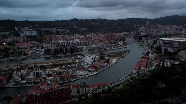 Aerial footage of Nervion river nearby Bilbao in the Basque Country. High quality 4k drone footage