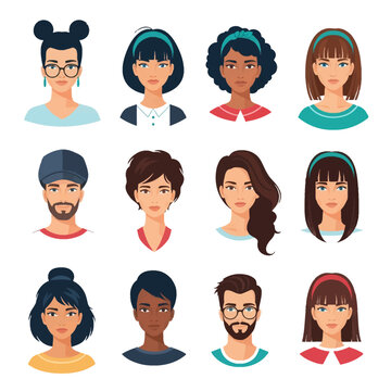 Vector set of twelve diverse human avatars featuring men and women of various ethnicities, modern hairstyles, glasses, headbands, and casual clothing isolated on white background.