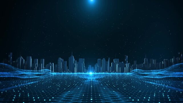 Digital City Landscape Futuristic Technology Grid Advanced futuristic city glowing network grid data waves smart infrastructure artificial intelligence big data for corporate tech presentations 3D 4K