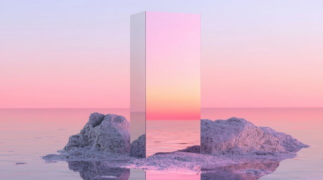 A pink and purple cube-shaped object sits on a rock formation in a body of water, with a gradient sky in the background.