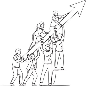 Teamwork and success concept with group of people building upward arrow in business growth illustration