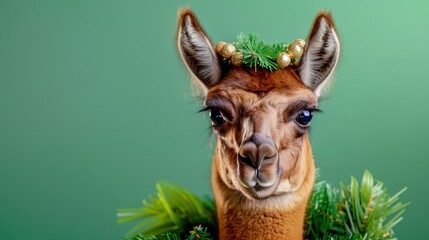 Fototapeta premium Festive Llama with Holiday Wreath and Ornament in Charming Christmas Setting