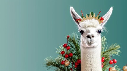 Fototapeta premium Playful White Llama Wearing Crown and Christmas Ornaments Surrounded by Greenery Festive Holiday Spirit Concept