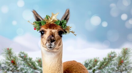 Fototapeta premium Adorable llama wearing festive crown with Christmas decorations and snowy background, perfect for holiday-themed projects