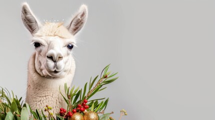 Fototapeta premium Christmas-themed llama portrait with festive decorations and greenery on a neutral background