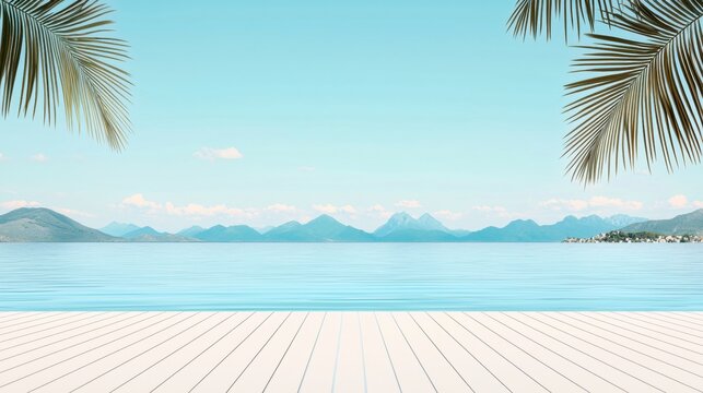 A serene tropical beach scene with a calm ocean, palm trees, and mountains in the distance.