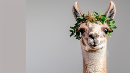 Fototapeta premium Charming Llama with Green Leaf Crown Displaying a Playful Expression in a Minimalist Studio Setting