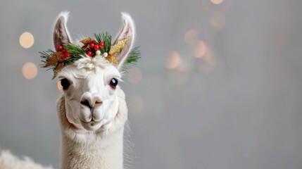 Fototapeta premium Cheerful White Llama with Holiday Wreath Accessory Against Blurred Background of Christmas Lights