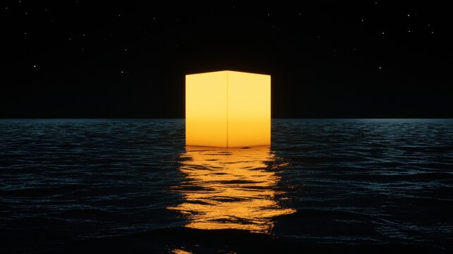 A cube-shaped object is illuminated from within, casting a warm glow on the surrounding water and sky.