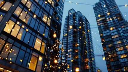 Fototapeta premium Urban Nightscape with Twinkling Lights and Modern Buildings Under Evening Sky