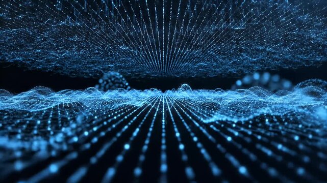 A mesmerizing digital landscape of interconnected blue nodes and glowing lines stretches into the distance, creating a futuristic and abstract visual experience.