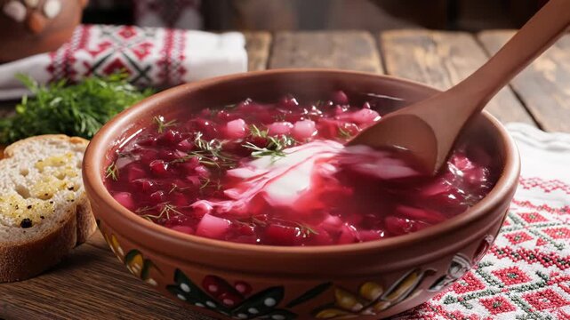 Traditional Beetroot Borscht in Decorative Bowl with Fresh Bread. Russian Cuisine