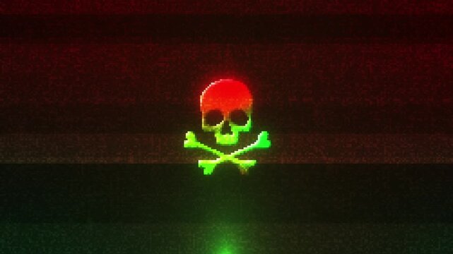 Digital Glitch Skull Crossbones Warning Sign Dark Background. digital glitch effect. cyber security threats, hacking, malware, danger, or piracy. cybersecurity threat, malware alert, hacking danger,