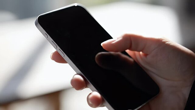 A person's hand holds a modern smartphone against a bright, sunlit background, showcasing its sleek design and the act of using mobile technology.