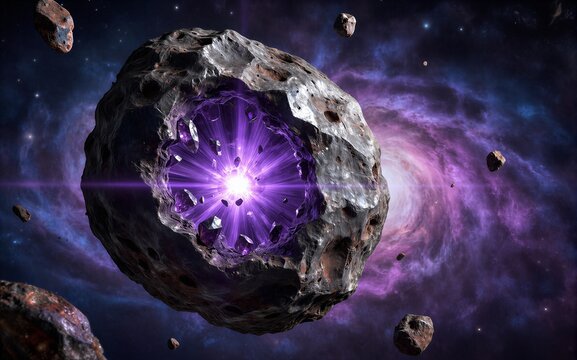 A cosmic asteroid glows with radiant purple crystals floating in a