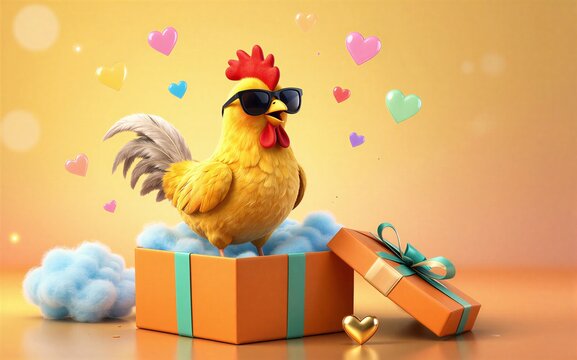 A cool chicken in sunglasses pops out of a gift box with floating