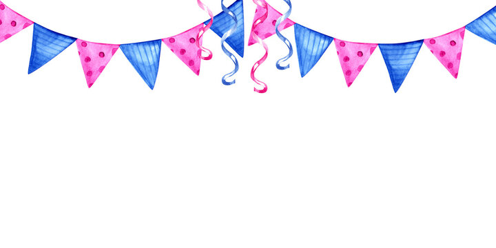 Hand drawn watercolor festive party garland bunner with blue and pink bunting flags and curly streamers. Vibrant celebration border with polka dots and stripes, perfect for birthday designs 