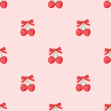 Seamless Cherry Pattern with Red Bow, Vector Illustration. Cute Fruit Repeat Background on Pink. Summer Wallpaper. Girly Nursery Print. Red and Pink Cherry Texture for Fabric, Wrapping Paper