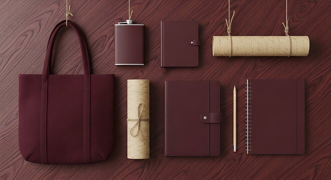 Elegant Burgundy Leather Accessories Displayed on Textured Surface, Lifestyle Essentials.