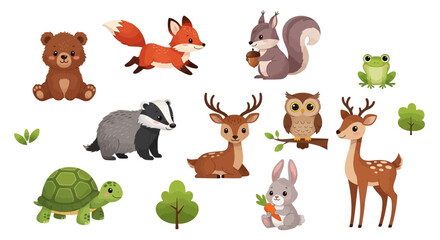 Obraz premium Collection of cute cartoon wild forest animals including a bear fox squirrel deer and owl