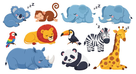 Obraz premium Cartoon illustration of various cute wild animals sleeping peacefully together