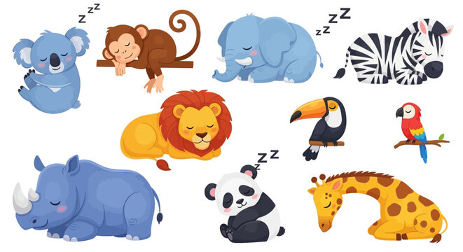 A collection of cute cartoon wild animals including a sleeping lion elephant panda and zebra