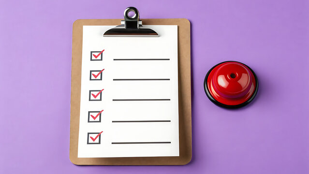 Checklist with red push pin on pastel clipboard for task completion and productivity