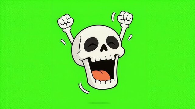 Excited Cartoon Skull with Raised Fists on Green Screen Background.