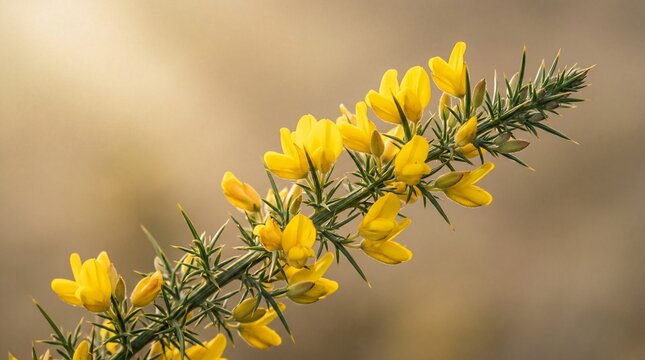 A close-up view of a blooming gorse plant with vibrant yellow flowers