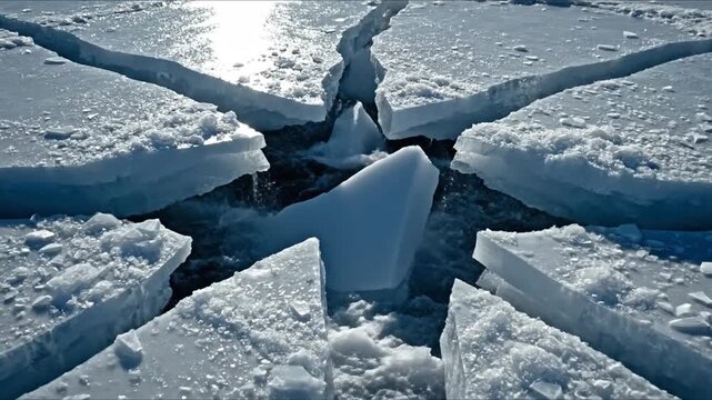 A cracked and melting ice surface with a broken piece in the center, reflecting sunlight, conveying a sense of global warming on Earth Day with a somber mood.