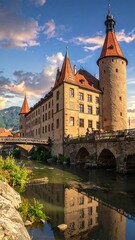 Fototapeta premium A large medieval castle beside a river
