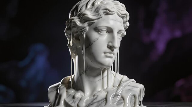 Melting Marble Bust of a Woman with Dripping Paint Artistic Concept.