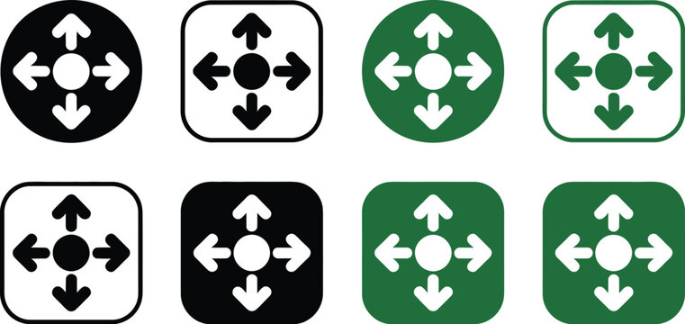 Directional arrow control icon collection, black and white vector icons featuring arrows in circular and square buttons for UI navigation game controls and interactive design.